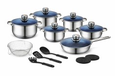 Set vase gatit inox Royalty Line 18 piese cu capace sticla