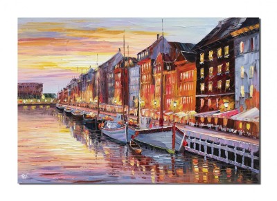 Tablou Copenhaga pictat manual, La asfintit in port, 100x70cm ulei pe panza in cutit efect 3D, Valentin Pop foto