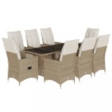 Cumpara ieftin Set bistro de gradina, 9 piese, cu perne, bej, poliratan
