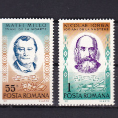 ROMANIA 1971 LP 784 ANIVERSARI III M.MILLO SI N.IORGA SERIE MNH