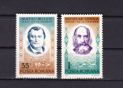 ROMANIA 1971 LP 784 ANIVERSARI III M.MILLO SI N.IORGA SERIE MNH foto