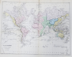 PLANISPHERE - POLITIQUE , PHYSIQUE ET HYDROGRAPHIQUE par A.H. DUFOUR , GRAVURA COLOR , SECOLUL XIX foto