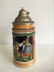 Halba ceramica cu capac metal, vintage, model in relief, 17 cm, Germania foto