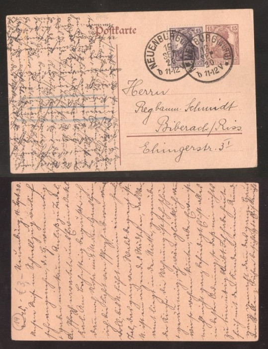 Germany Reich 1920 Uprated postcard stationery Neuenburg to Riberach DB.034