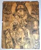 Icoana veche "Maica Domnului cu Pruncul" gravura pe hartie manuala, Muntele Athos prima jumatate a secolului 19