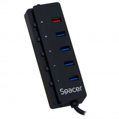 HUB extern SPACER, porturi USB: USB 3.0 x 4, Port USB Quick Charge x 1, conectare prin USB 3.0, Alimentare retea 220V,negru, &amp;quot;SPH-4USB30-1QC&amp;quot; foto