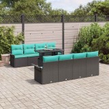 vidaXL Set de canapele pentru grădină cu pernă 9 pcs Negru Poli Rattan 3356989