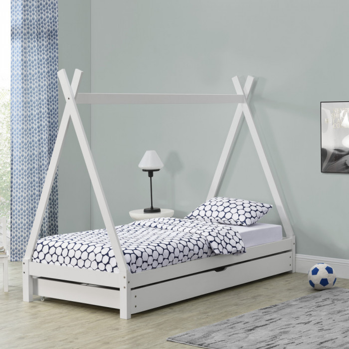 [en.casa]&reg; Pat copii Aris Beige, 206 x 96 x 162 cm, lemn, alb mat lacuit, cu pat suplimentar pe roti HausGarden Leisure