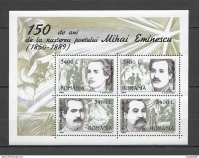 Romania 2000-Lp 1503-150 ani de la nasterea poetului Mihail Eminescu bloc 312 foto