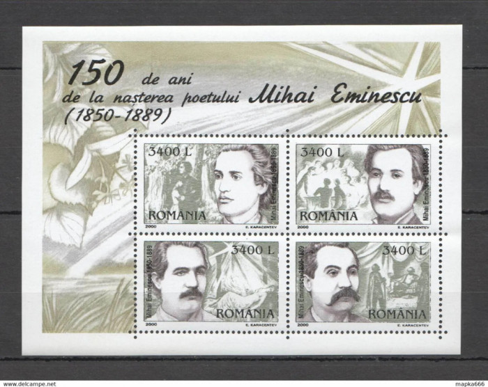 Romania 2000-Lp 1503-150 ani de la nasterea poetului Mihail Eminescu bloc 312