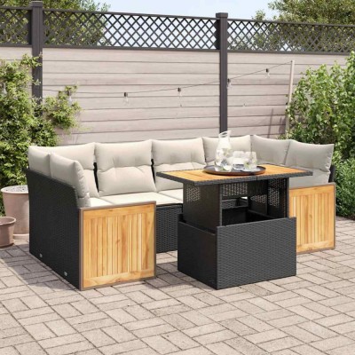 vidaXL Set canapele grădină perne 7 piese negru, poliratan/lemn acacia 3327675 foto