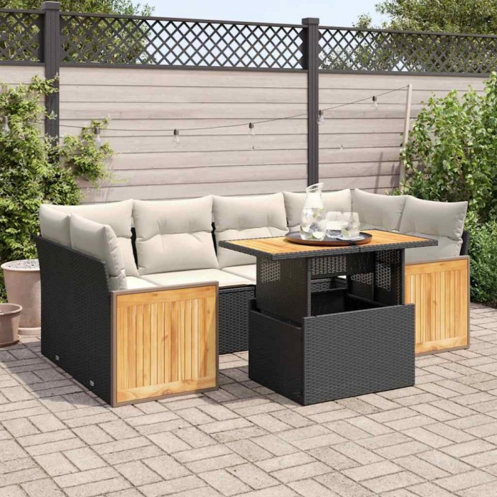 vidaXL Set canapele grădină perne 7 piese negru, poliratan/lemn acacia 3327675