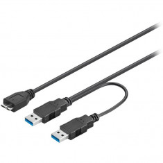 Cablu USB 3.0, Goobay, PVC, USB Micro B Tata - 2 x USB A Tata, 0.3 m, Negru