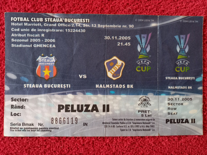 Bilet meci fotbal STEAUA BUCURESTI - HALMSTADS BK (UEFA CUP 30.11.2005)