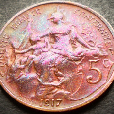 Moneda istorica 5 CENTIMES - FRANTA, anul 1917 *cod 4023 = EXCELENTA SUPERPATINA