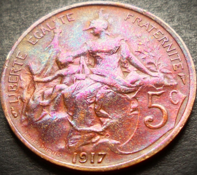 Moneda istorica 5 CENTIMES - FRANTA, anul 1917 *cod 4023 = EXCELENTA SUPERPATINA foto