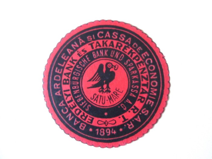 Rar! Satu Mare,timbru de control Banca Ardeleana si Casa de Economie S.A.R. din anii 20,diametrul:43 mm