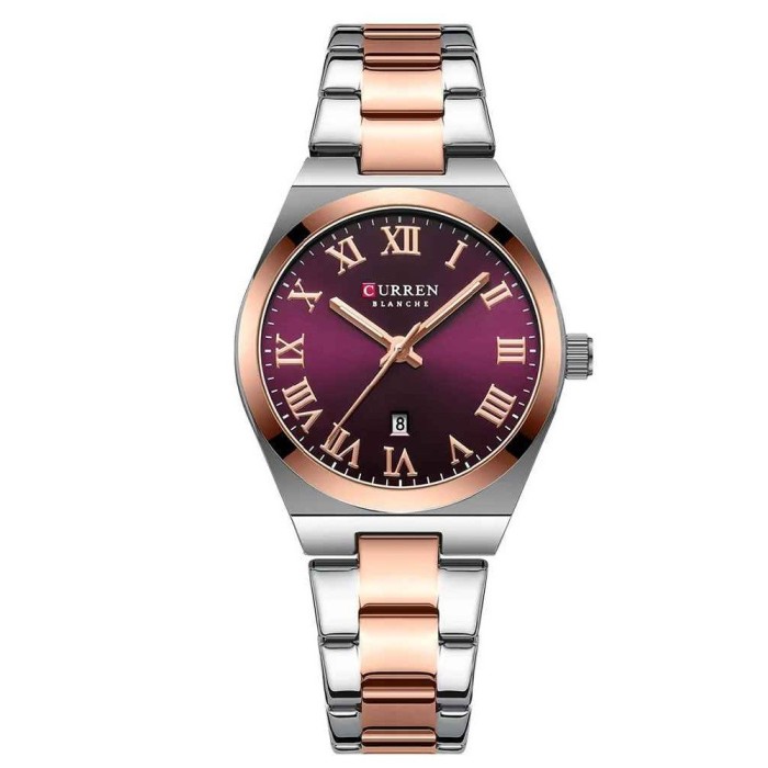 Ceas Dama CURREN 9095L Elegant, Quartz, Cadran cu Cifre Romane, Calendar, Bratara Metalica, Rezistent la Apa 3 ATM