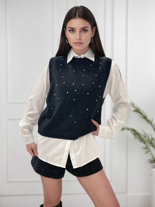 Pulover negru fara maneci cu strasuri A-9015 M9