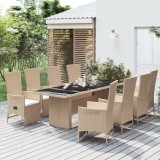 VidaXL Set de masă pentru grădină, 9 piese, cu perne, bej, poliratan