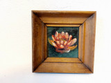 Tablou mic pictura in ulei floare / nufar, rama lemn, 12x12cm