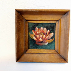 Tablou mic pictura in ulei floare / nufar, rama lemn, 12x12cm