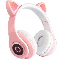 Casti over-ear B39 wireless, Bluetooth, Microfon, Aux IN si microSD, Urechi Pisica cu Lumini, Pink foto