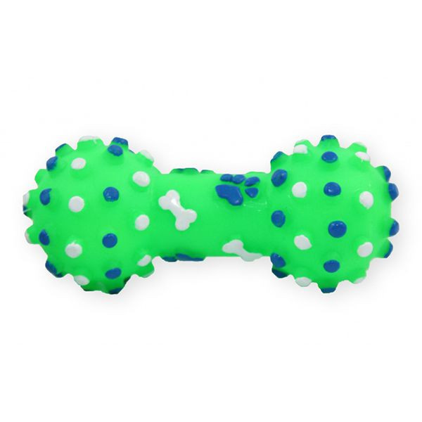 Jucărie pentru c&acirc;ini - halteră verde din vinil cu sc&acirc;rț&acirc;itoare 10,5cm