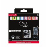 Set 8x Markere cu creta lichida UNI Chalk PWE-5M, 1.8, 2.5 mm (alb, galben, verde, albastru, violet, rosu, portocaliu, roz)