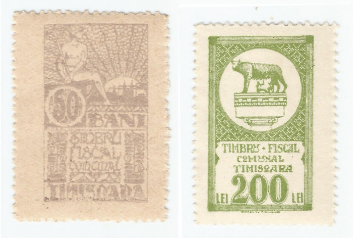 *Romania, lot 852 cu 2 timbre fiscale locale Timisoara, 1923, MNH