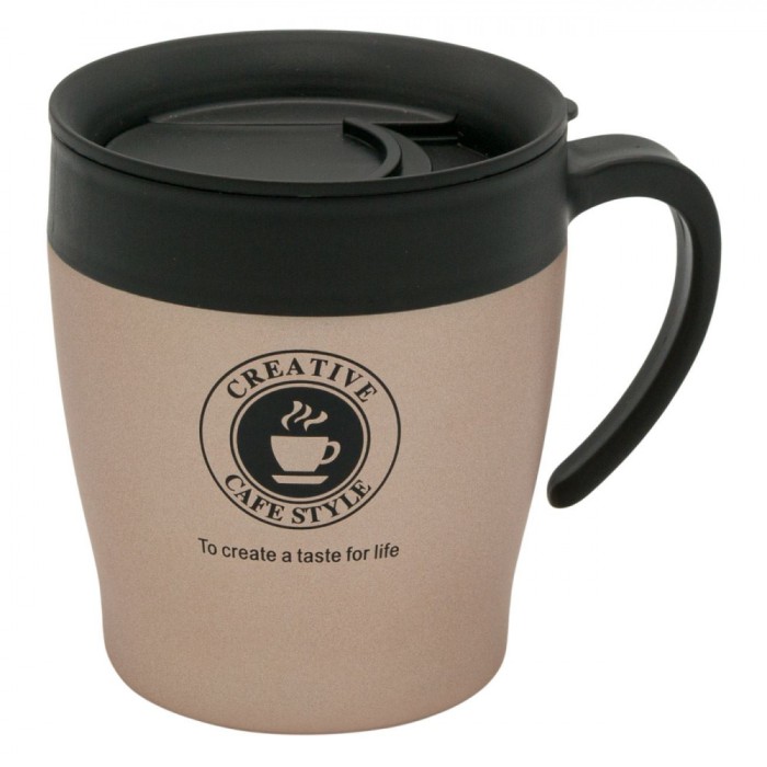 Cana termos cafea metal, auriu ruginiu, cu maner si capac cu deschidere, 350ml