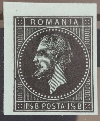 Romania 1872/79 - Eseu Carol l ,1 cu 1/2 bani negru pe albastru-verzui foto