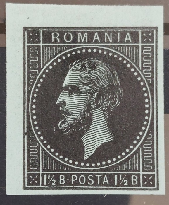 Romania 1872/79 - Eseu Carol l ,1 cu 1/2 bani negru pe albastru-verzui