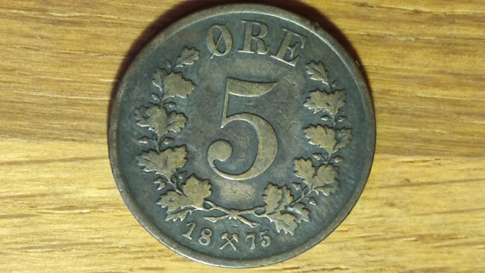 Norvegia - moneda ultra rara bronz - 5 ore 1875 - Oscar II - valoare uriasa !