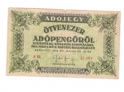 Bancnota Ungaria 50000 adopengo 25 mai 1946, circulati, stare buna foto