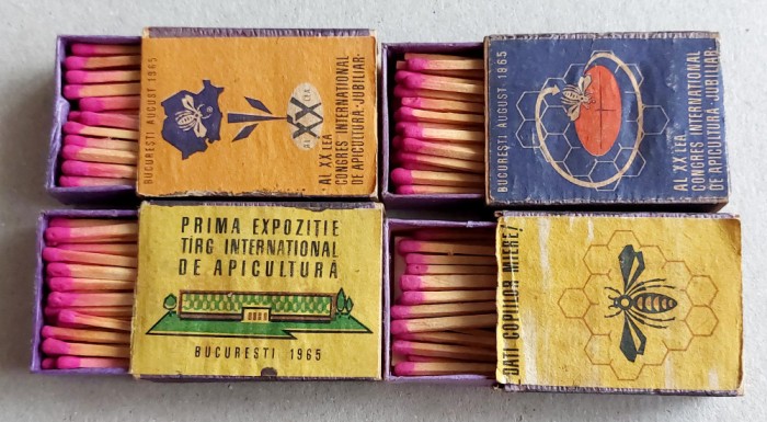 1965 Prima Expozitie de Apicultura - 4 cutii de chibrituri romanesti din lemn