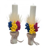 Set lumanari traditional, fagure, pentru nunta sau botez cu aranjament frontal cu plante naturale uscate, 40 cm (Tricolor)