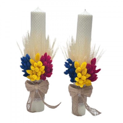 Set lumanari traditional, fagure, pentru nunta sau botez cu aranjament frontal cu plante naturale uscate, 40 cm (Tricolor) foto