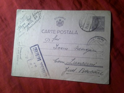 Carte Postala circulat 1944 Bucuresti - Luncani ( Bacau) , Timbru fix 10 lei Mihai ,Cenzurat Bucuresti foto