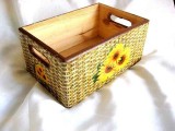 Lădiță Lemn Decorată Manual Floarea Soarelui, Imitație Răchită, 30x19.5x13 cm, Cutie Depozitare