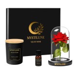 Cumpara ieftin Set cadou trandafir etern sub cupola de sticla cu lumanare parfumata si ulei esential &ndash; 15cm