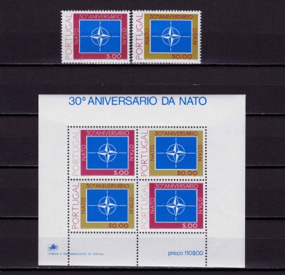 ✅(C36) Portugalia 1979 ,&amp;quot;30 de ani NATO &amp;quot;, serie+colita 26/2x Mi. 1439/1440, MNH foto