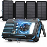 Baterie externa solara 20000mAh Linomag&reg;, Incarcare rapida 3A, Incarcare wireless 15W, 4 panouri solare pliabile, 4 cabluri integrate, 3 porturi USB,