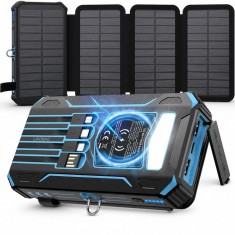 Baterie externa solara 20000mAh Linomag&reg;, Incarcare rapida 3A, Incarcare wireless 15W, 4 panouri solare pliabile, 4 cabluri integrate, 3 porturi USB,