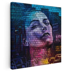 Tablou portret femeie graffiti albastru roz 2090 Tablou canvas pe panza CU RAMA 30x30 cm