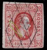 ✅ RO 1865 ,LP 17 ,&quot;Al.-Ioan Cuza in oval &quot;, 20 par rosu , VARIETATE MARE - linie alba de 1 cm cadru/gat , subtiat ! , stampila gratar, Stampilat