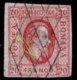 Cumpara ieftin ✅ RO 1865 ,LP 17 ,&quot;Al.-Ioan Cuza in oval &quot;, 20 par rosu , VARIETATE MARE - linie alba de 1 cm cadru/gat , subtiat ! , stampila gratar