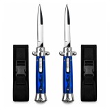 Cumpara ieftin Set doua cutite cu lamă tip stiletto automate DEPOX&reg;, m&acirc;ner albastru, 27 cm, cu husă inclusa