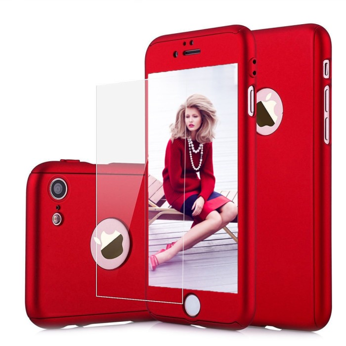 Set Husa Carcasa Telefon Iphone 7 Plus Protejeaza 360&deg; Ultrasubtire Folie Sticla - Red