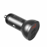 INCARCATOR auto Baseus Digital Display,Quick Charge 24W,2 x USB 5V/4.8A,contine cablu 3 in 1: USB la USB Type-C,microUSB si Lightning de 1.2m, gri &amp;qu